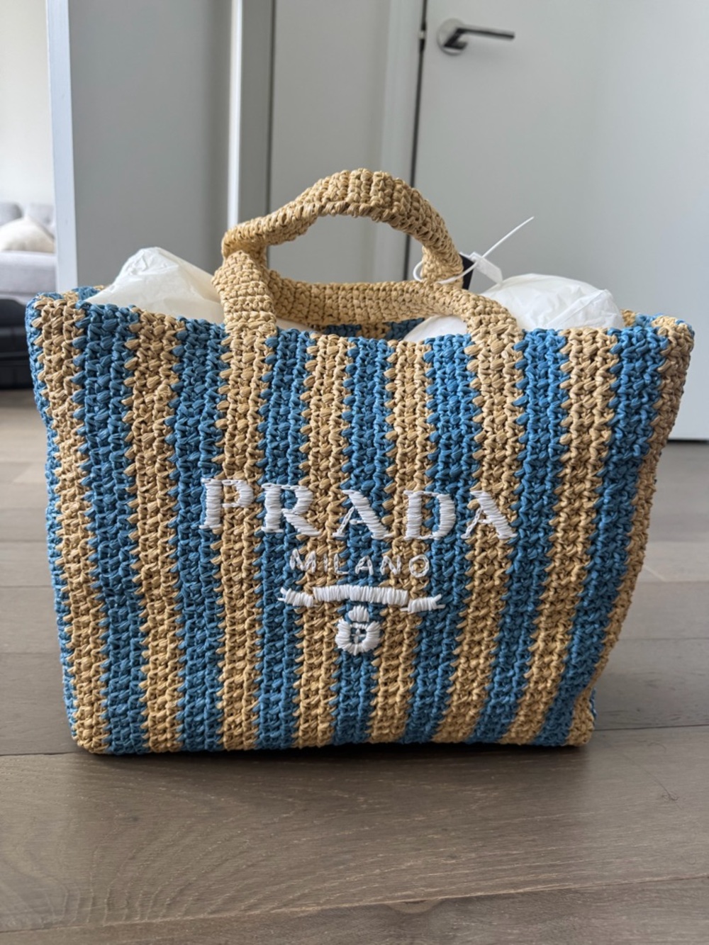 Prada Straw/Raffia Tote with Natural Beige and Light Blue Stripes - Picture 4 of 7